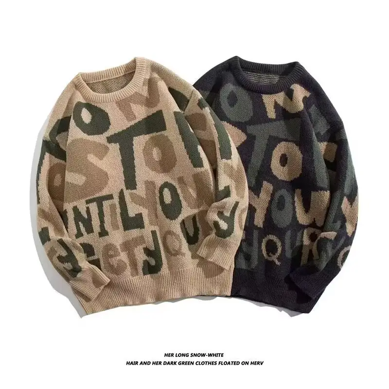 New Letter Knitted Crewneck Sweater Men's Winter Chic