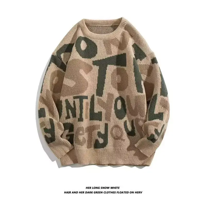 New Letter Knitted Crewneck Sweater Men's Winter Chic