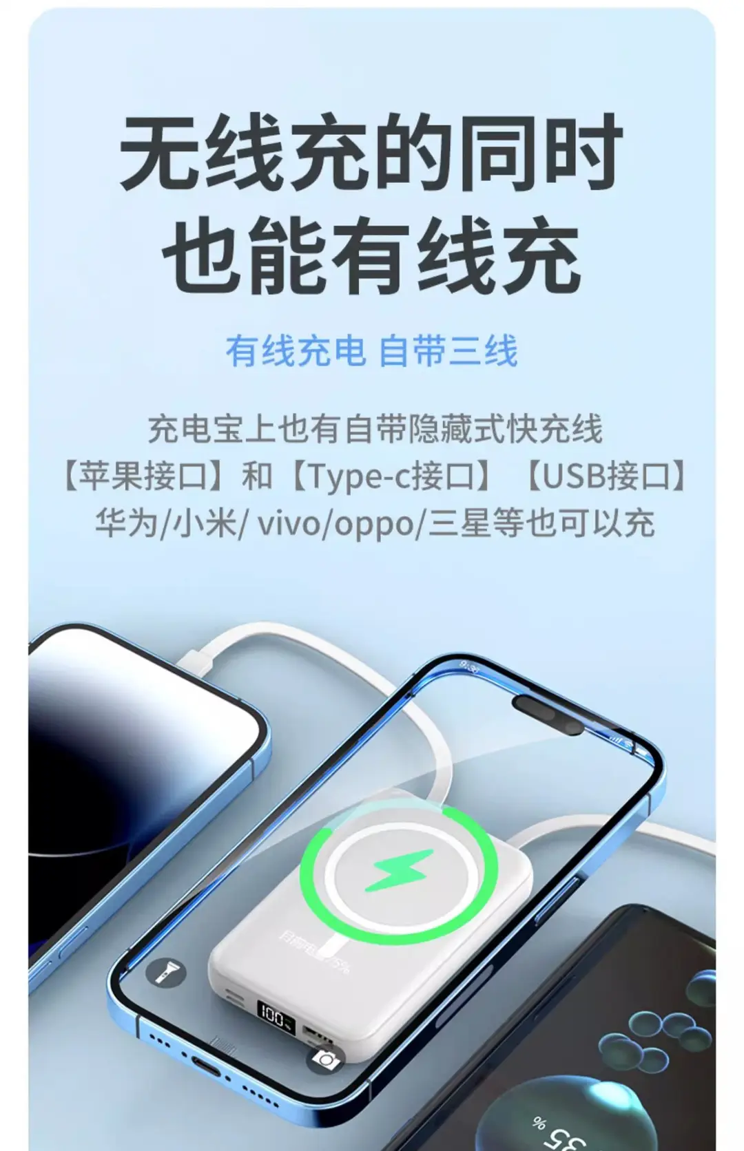 Wholesale cross-border magnetic power bank 10000 wireless charging self-wired fast charging Magsafe mobile power gift printing — feature 5