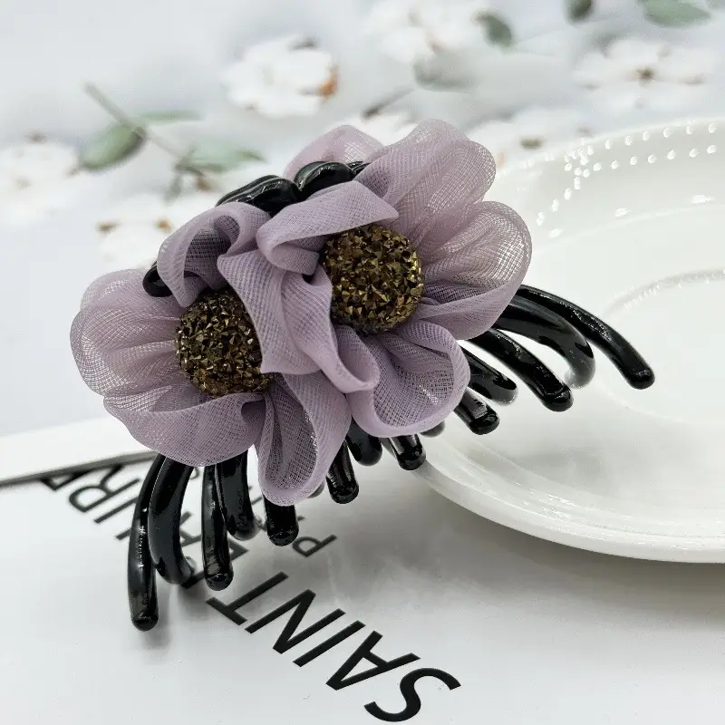 Purple Floral Full Diamond Hairpin Clip Back — feature 10