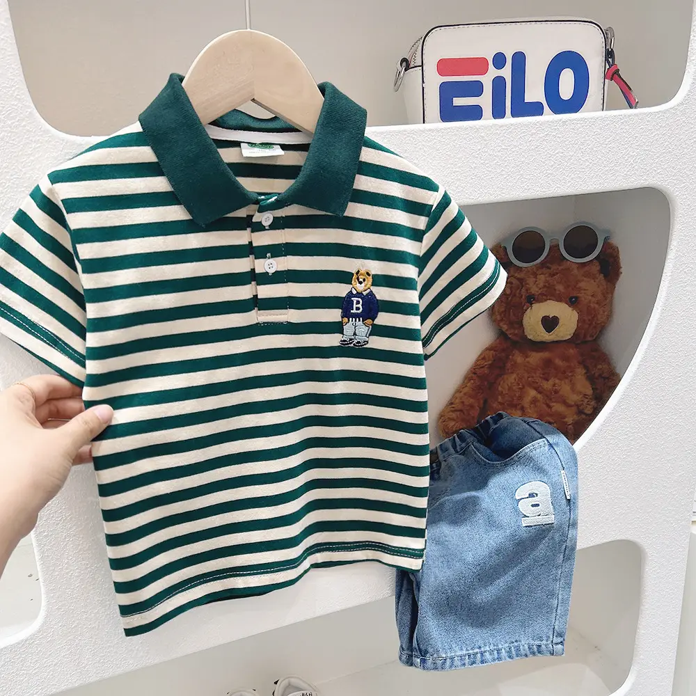 Boys Striped Polo T-Shirt Green White Medium Big