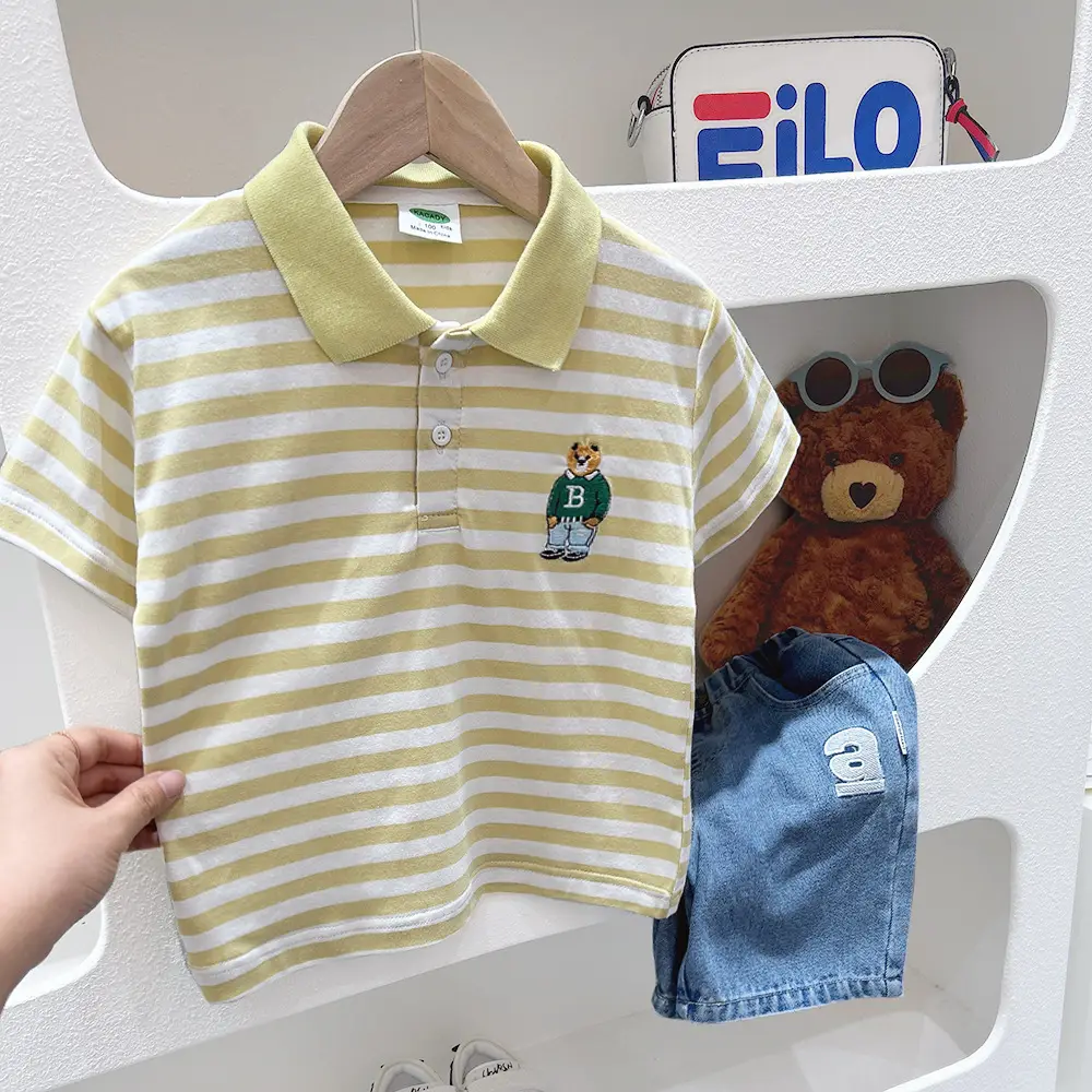 Boys Striped Polo T-Shirt Green White Medium Big — feature 3
