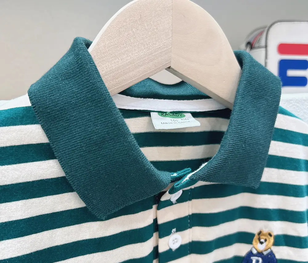 Boys Striped Polo T-Shirt Green White Medium Big — feature 5
