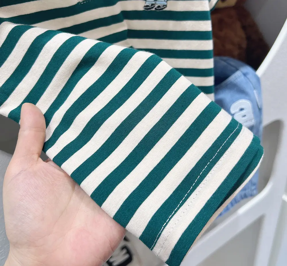 Boys Striped Polo T-Shirt Green White Medium Big — feature 7