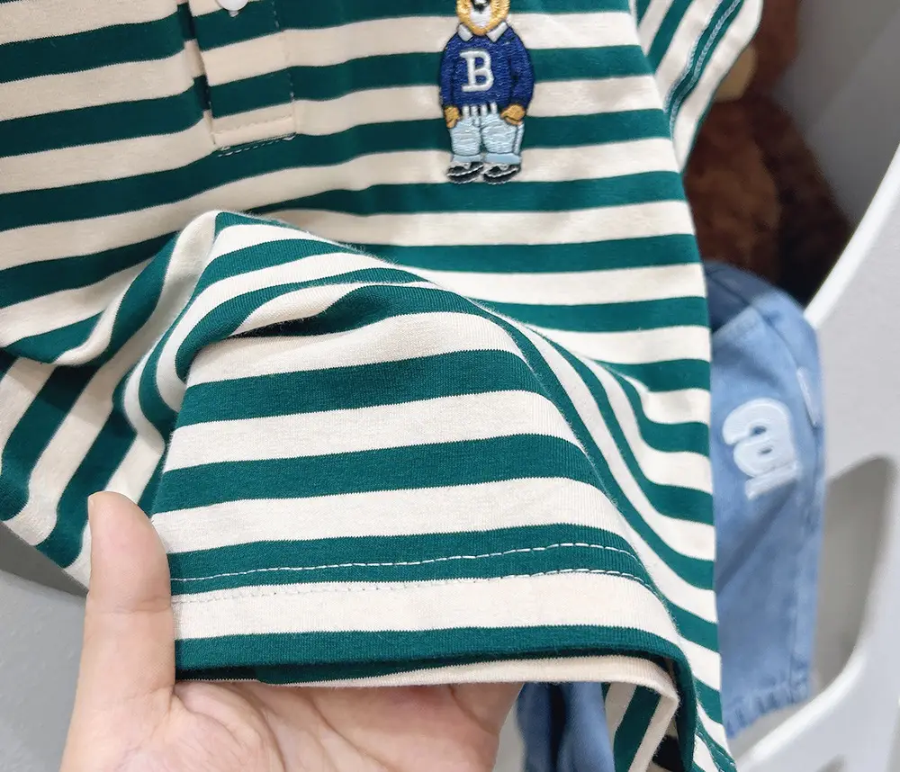 Boys Striped Polo T-Shirt Green White Medium Big — feature 8