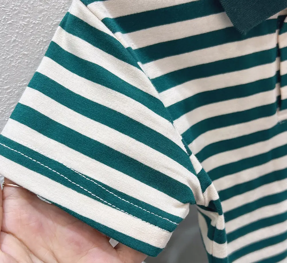 Boys Striped Polo T-Shirt Green White Medium Big — feature 9