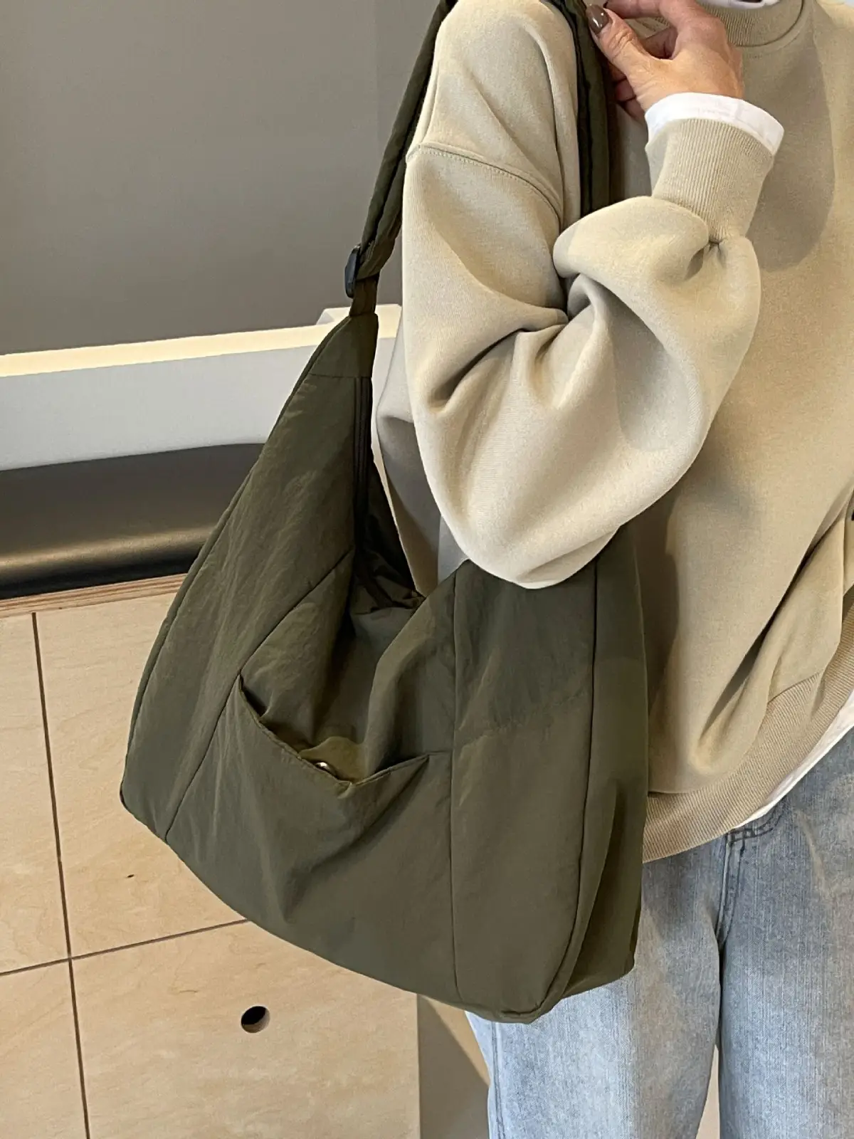 New Nylon Cotton College Student Tote Bag Beige - Image 6