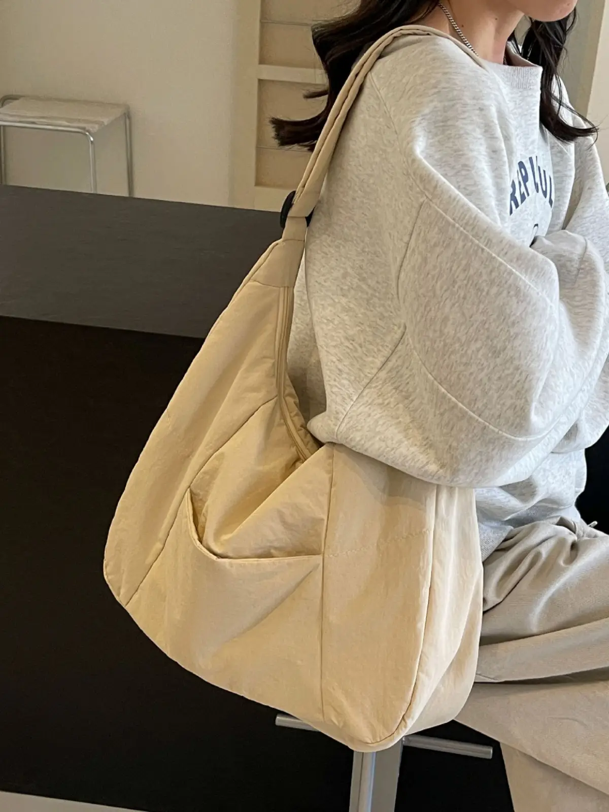 New Nylon Cotton College Student Tote Bag Beige - Image 8