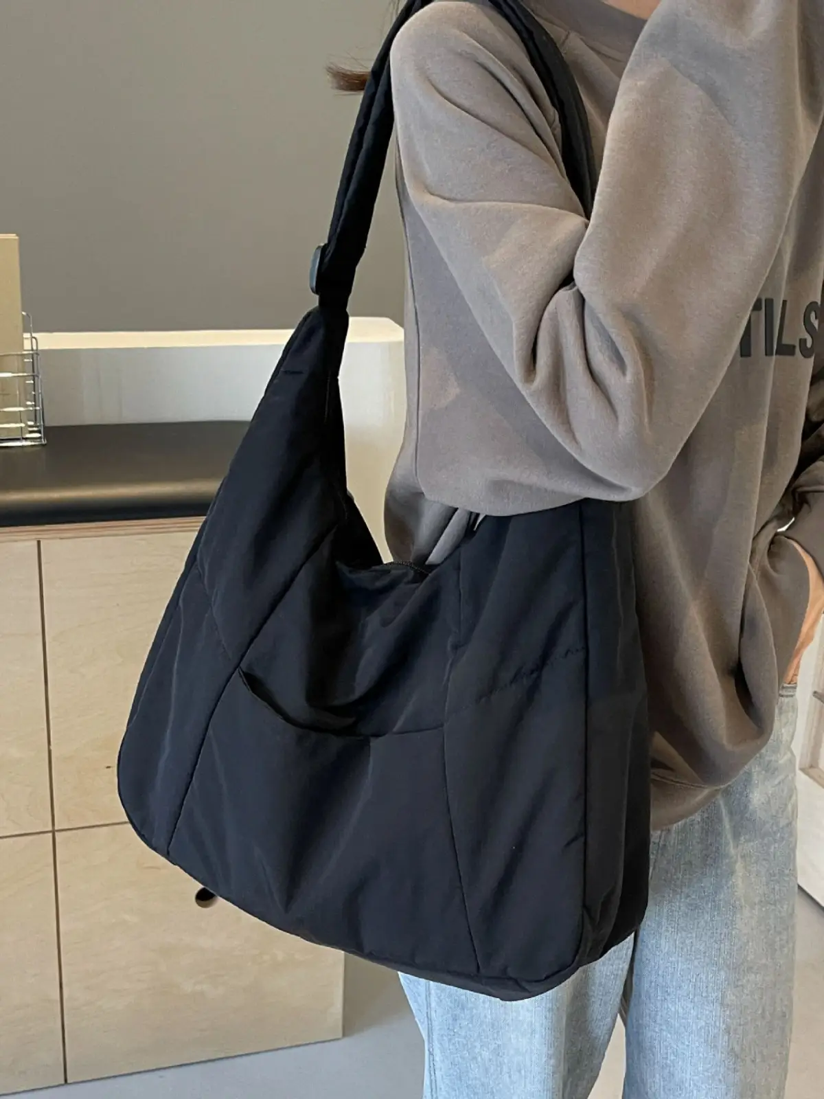 New Nylon Cotton College Student Tote Bag Beige - Image 9