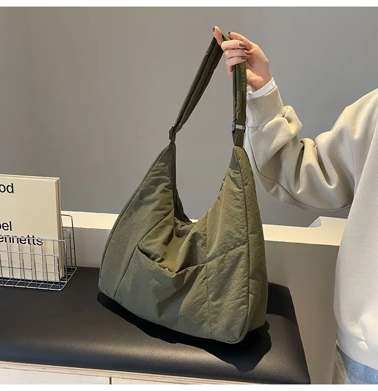 New Nylon Cotton College Student Tote Bag Beige — feature 1