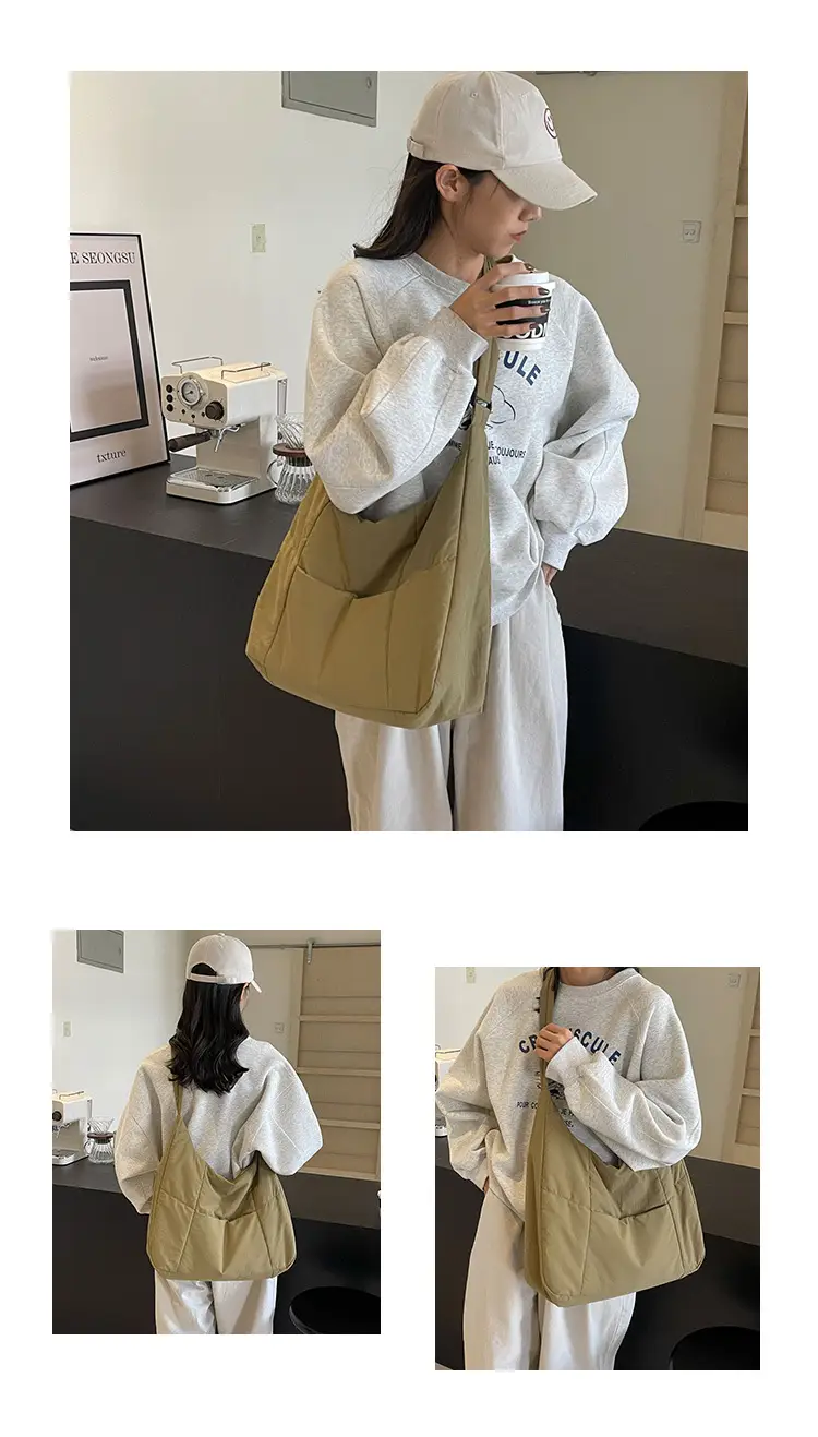 New Nylon Cotton College Student Tote Bag Beige — feature 10