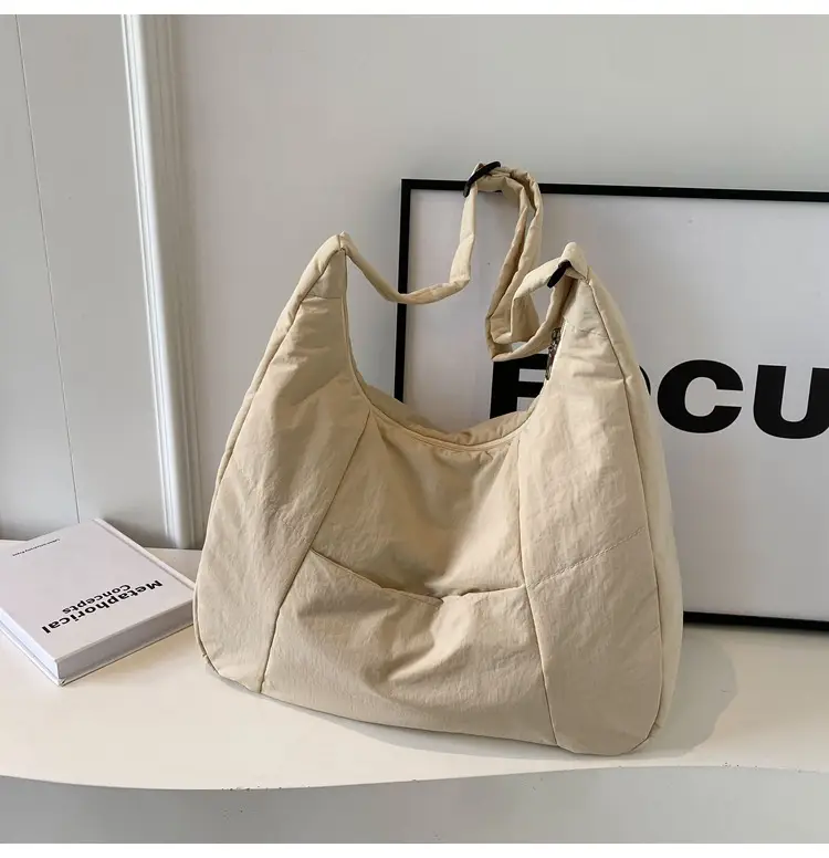 New Nylon Cotton College Student Tote Bag Beige — feature 17