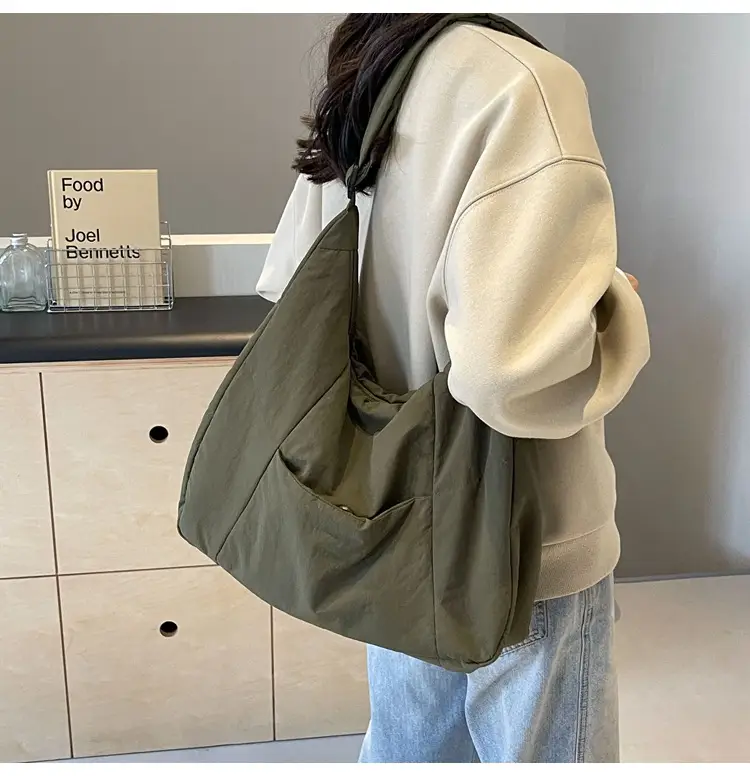 New Nylon Cotton College Student Tote Bag Beige — feature 19