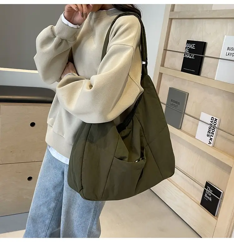New Nylon Cotton College Student Tote Bag Beige — feature 21