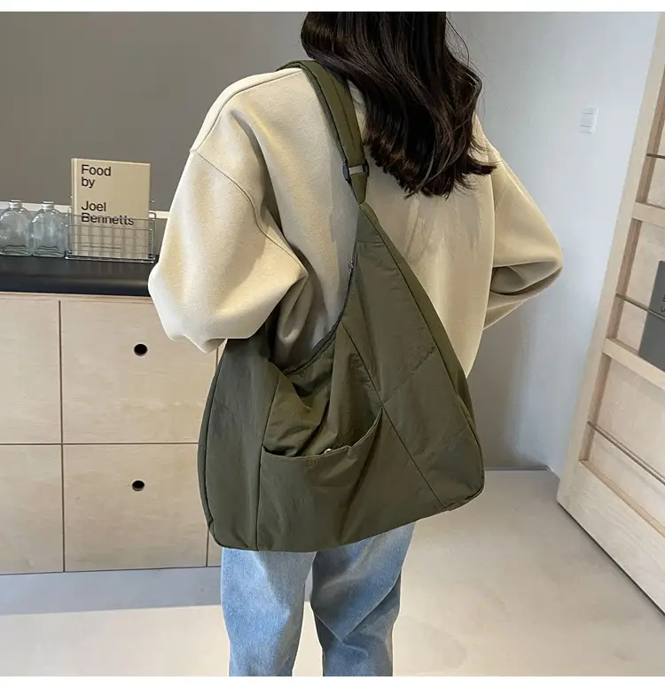 New Nylon Cotton College Student Tote Bag Beige — feature 22
