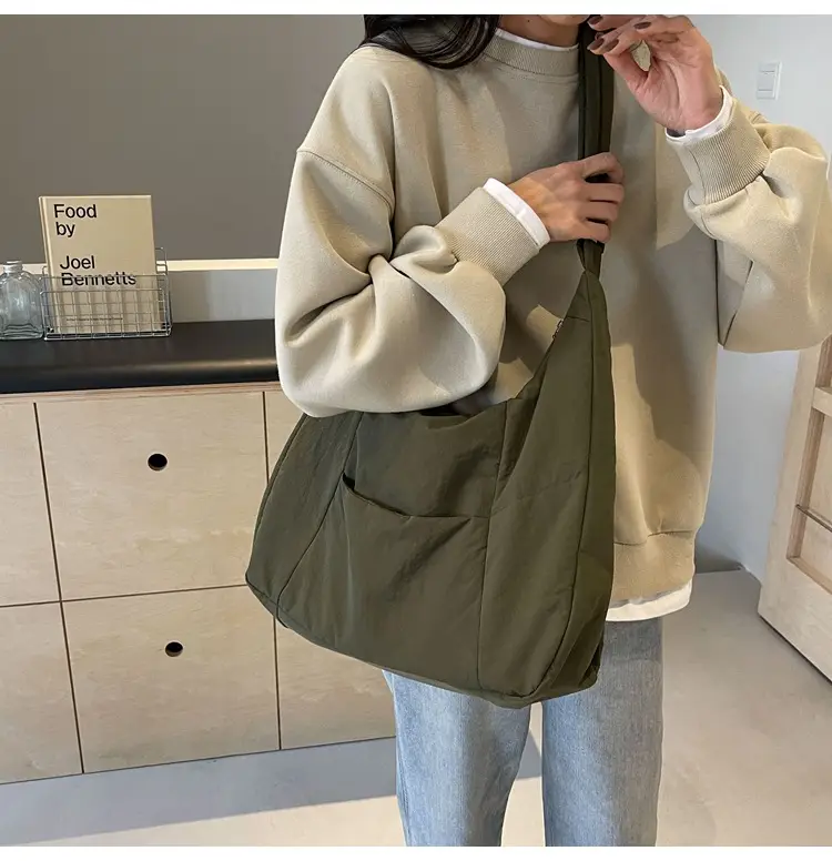 New Nylon Cotton College Student Tote Bag Beige — feature 23