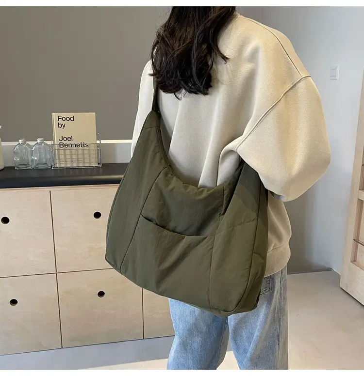 New Nylon Cotton College Student Tote Bag Beige — feature 24
