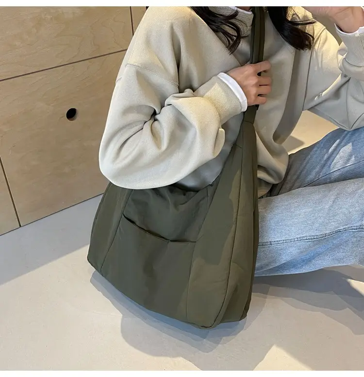 New Nylon Cotton College Student Tote Bag Beige — feature 25