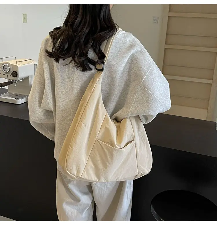 New Nylon Cotton College Student Tote Bag Beige — feature 28