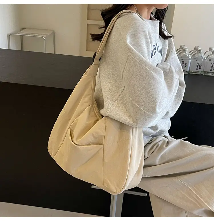 New Nylon Cotton College Student Tote Bag Beige — feature 29