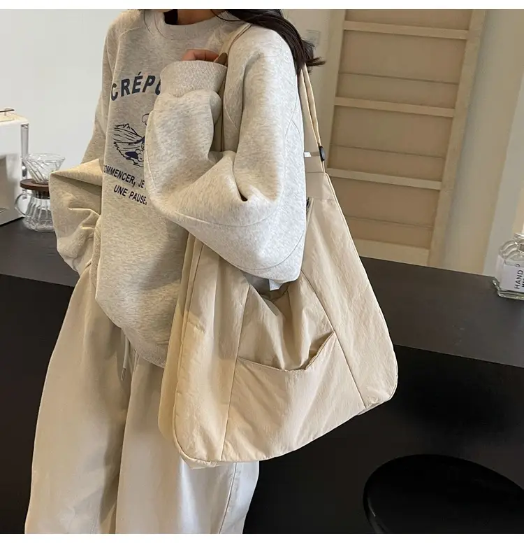 New Nylon Cotton College Student Tote Bag Beige — feature 30