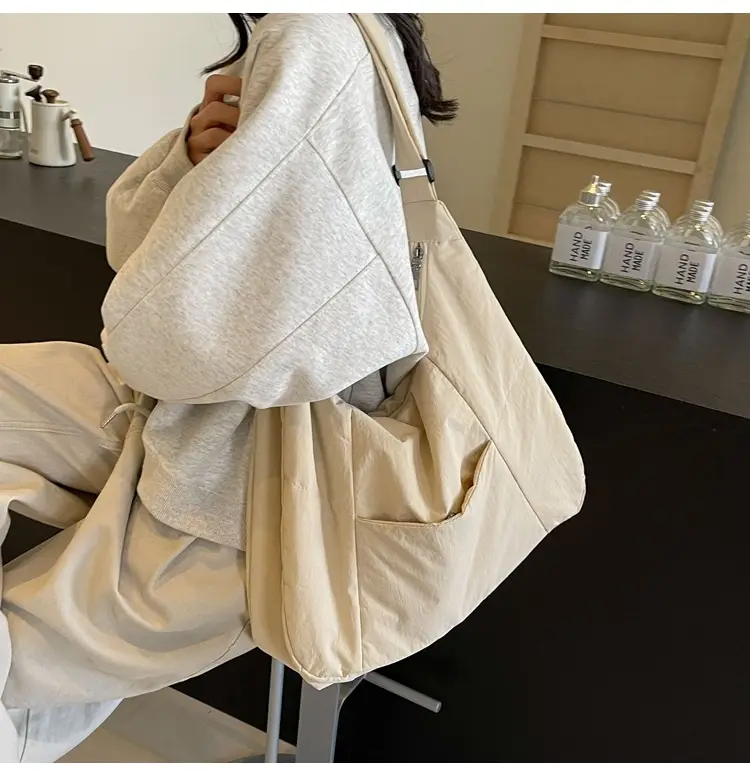 New Nylon Cotton College Student Tote Bag Beige — feature 31