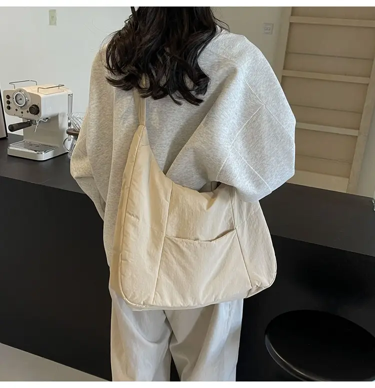 New Nylon Cotton College Student Tote Bag Beige — feature 32