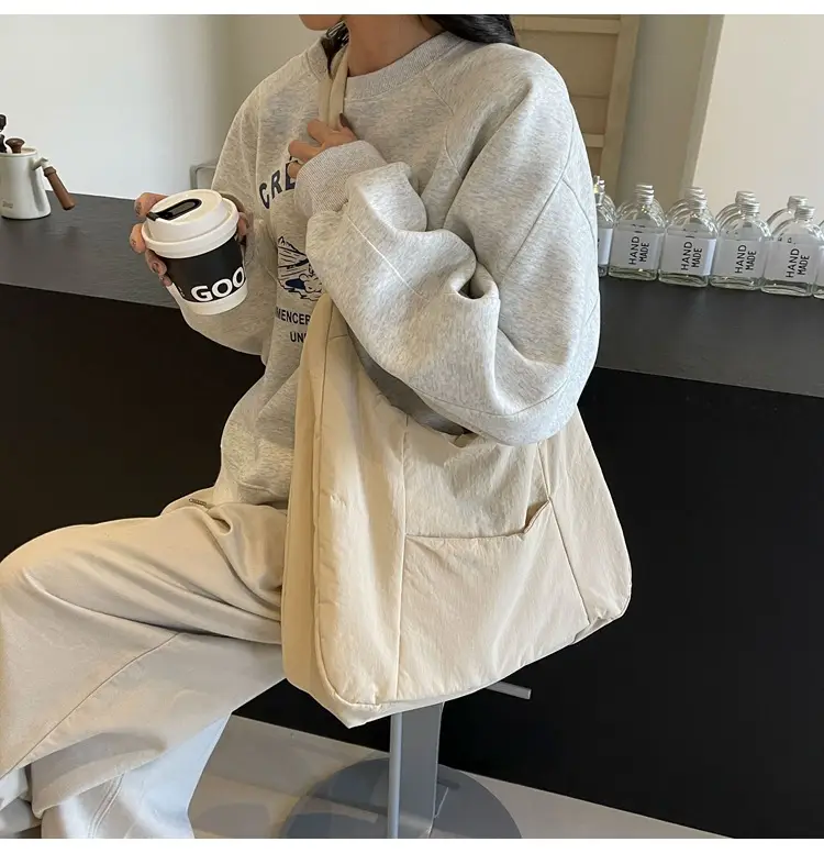 New Nylon Cotton College Student Tote Bag Beige — feature 33