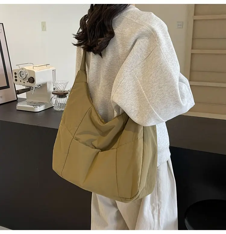 New Nylon Cotton College Student Tote Bag Beige — feature 34