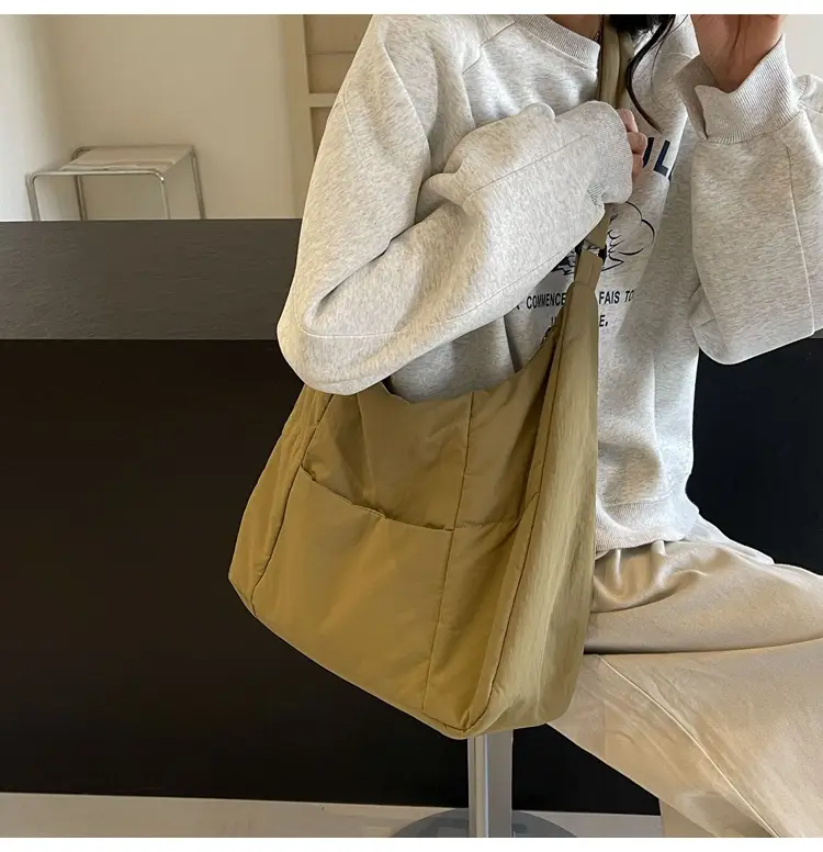 New Nylon Cotton College Student Tote Bag Beige — feature 35
