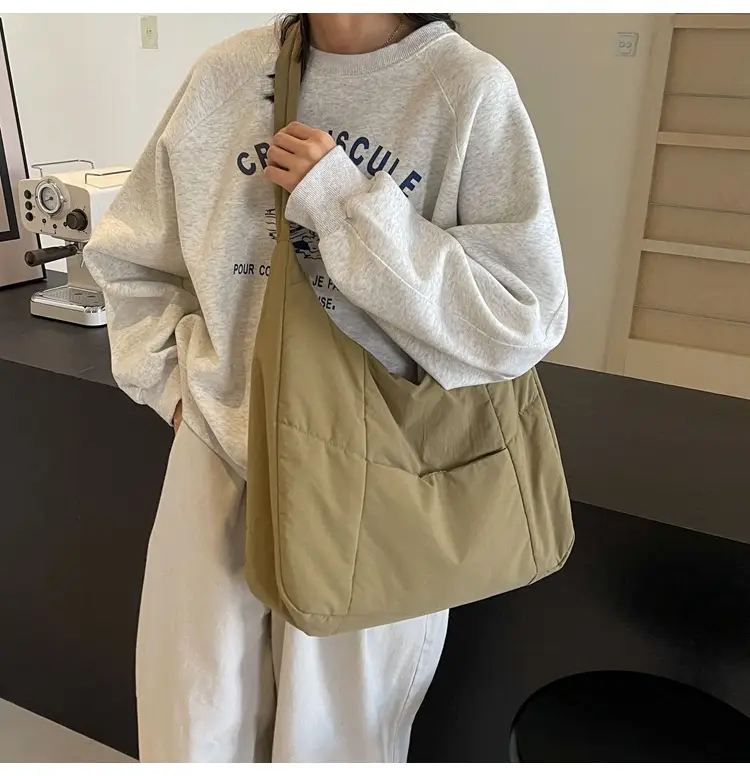 New Nylon Cotton College Student Tote Bag Beige — feature 36