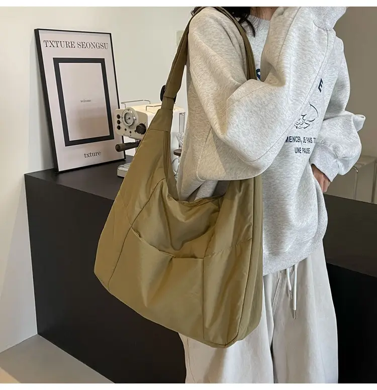 New Nylon Cotton College Student Tote Bag Beige — feature 37