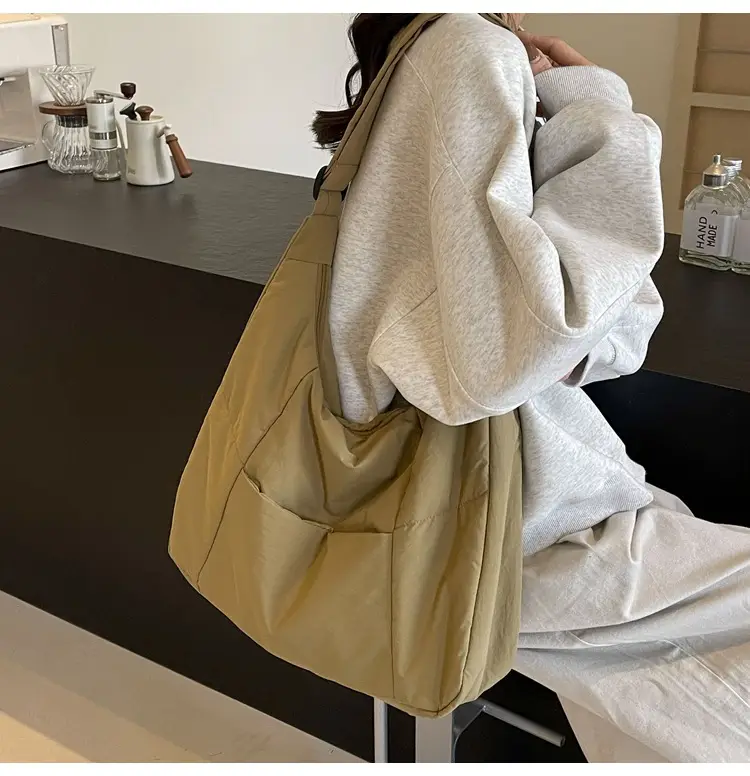 New Nylon Cotton College Student Tote Bag Beige — feature 38