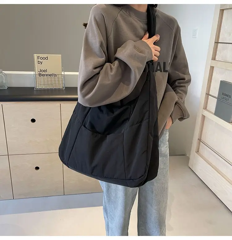 New Nylon Cotton College Student Tote Bag Beige — feature 39