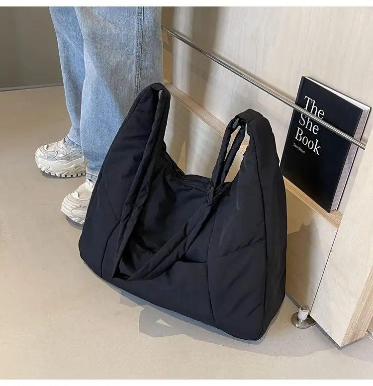New Nylon Cotton College Student Tote Bag Beige — feature 45
