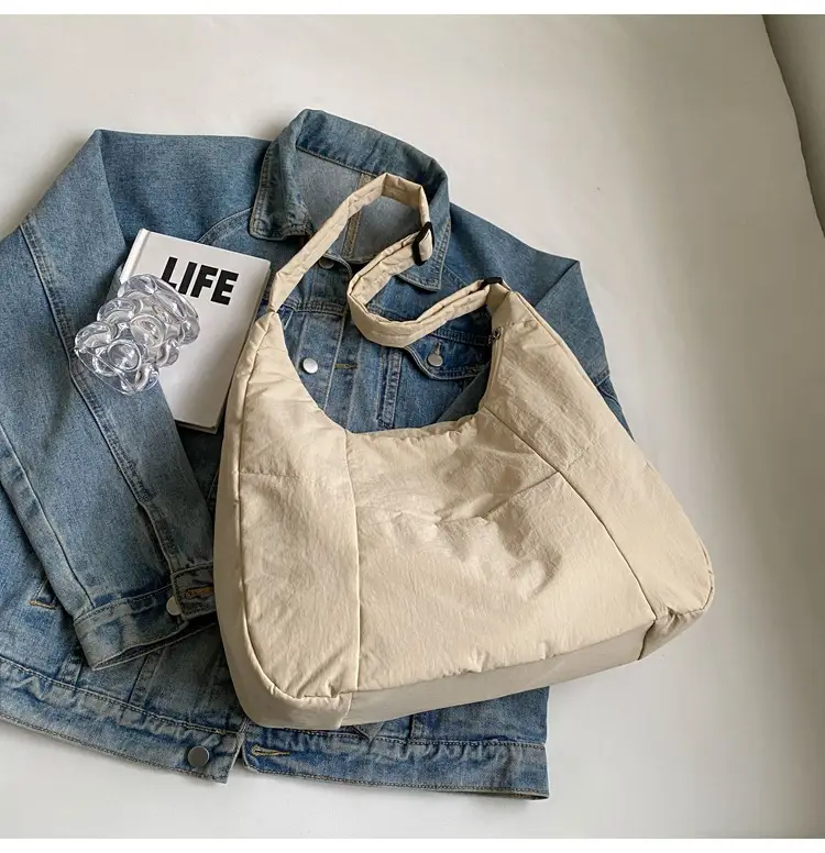 New Nylon Cotton College Student Tote Bag Beige — feature 46