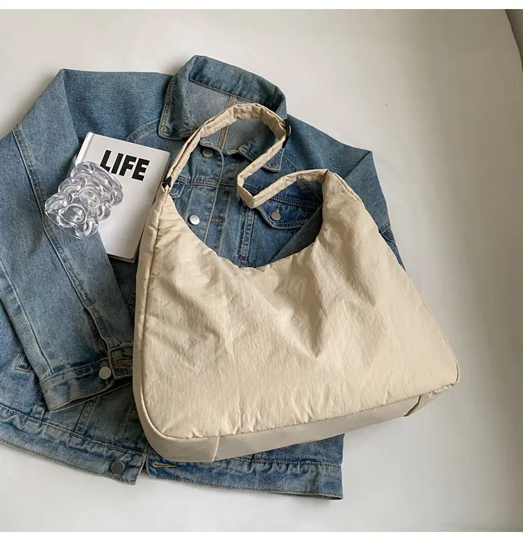 New Nylon Cotton College Student Tote Bag Beige — feature 48