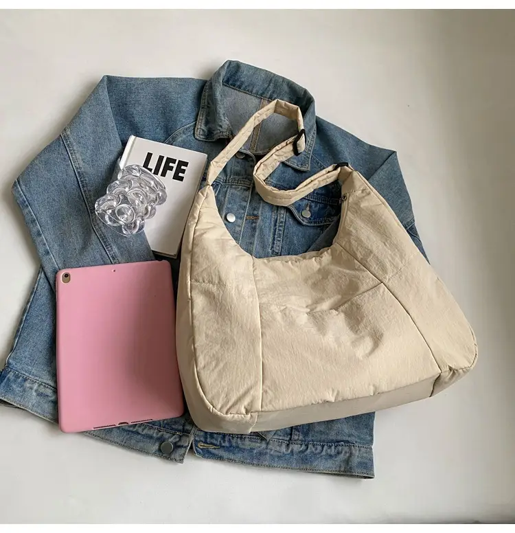 New Nylon Cotton College Student Tote Bag Beige — feature 49
