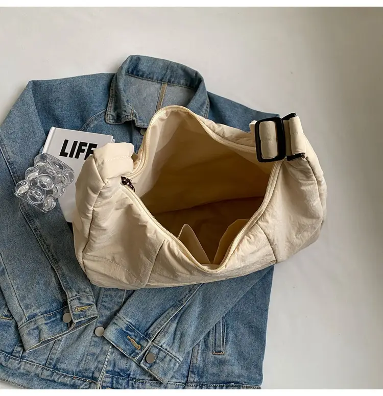 New Nylon Cotton College Student Tote Bag Beige — feature 50
