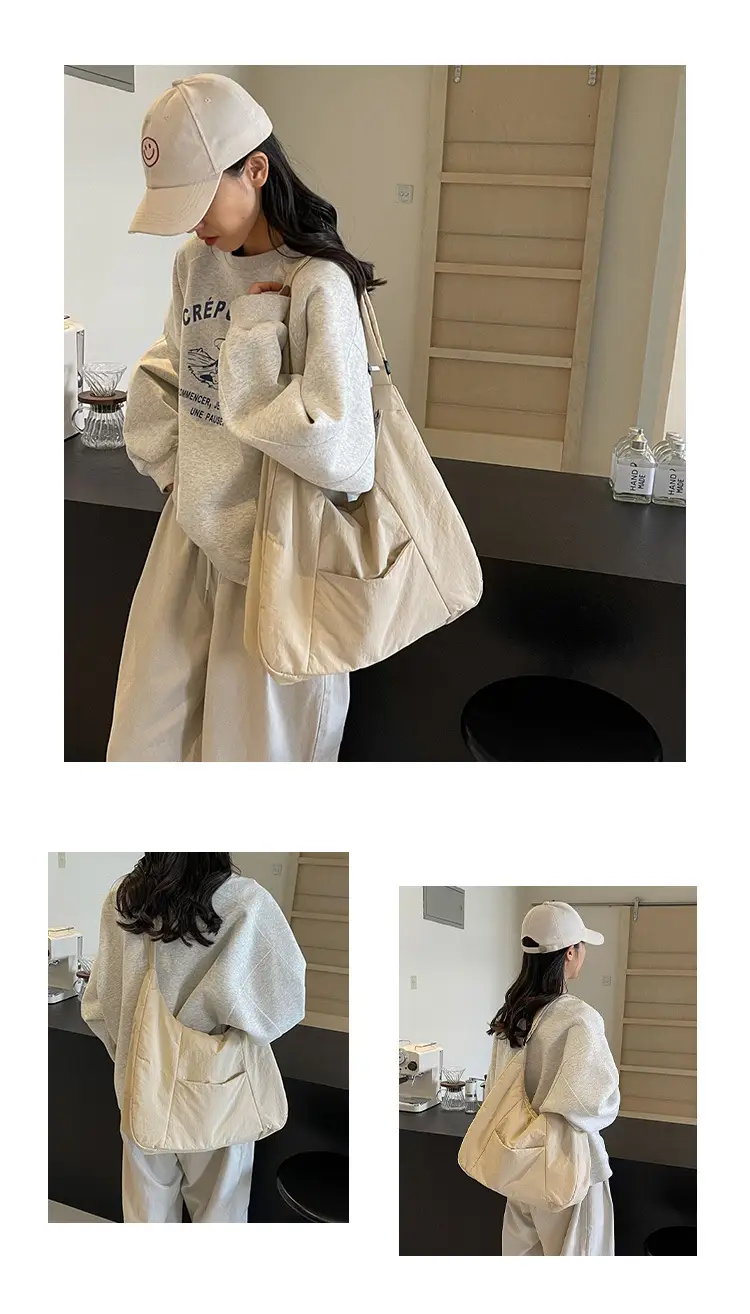 New Nylon Cotton College Student Tote Bag Beige — feature 9