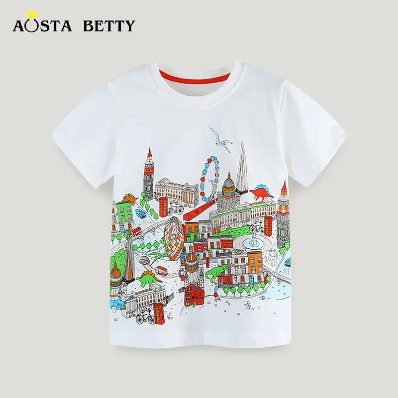2025 Summer Boys White T-Shirt Round Neck Short Sleeve