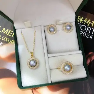 Three-Piece Pearl Necklace Earrings Stud Set for Women