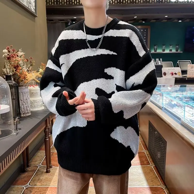 Leopard Print Long Sleeve Knitted Sweater Black White - Image 4