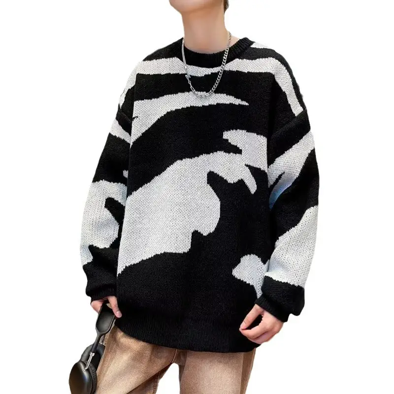 Leopard Print Long Sleeve Knitted Sweater Black White - Image 6