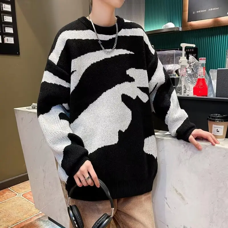 Leopard Print Long Sleeve Knitted Sweater Black White — feature 15