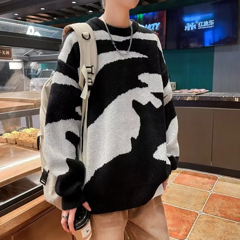 Leopard Print Long Sleeve Knitted Sweater Black White — feature 16