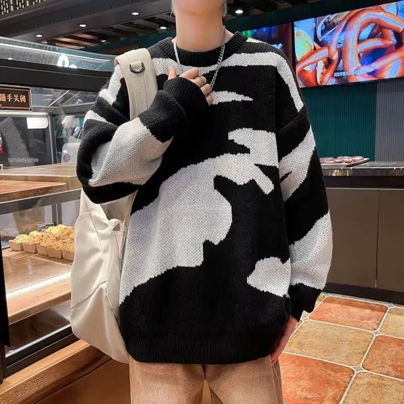 Leopard Print Long Sleeve Knitted Sweater Black White — feature 17
