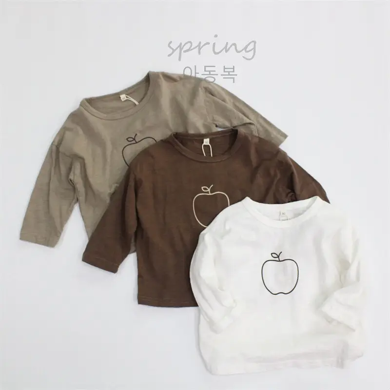 New Boys' Long Sleeve Apple Print T-Shirt Brown - Image 4