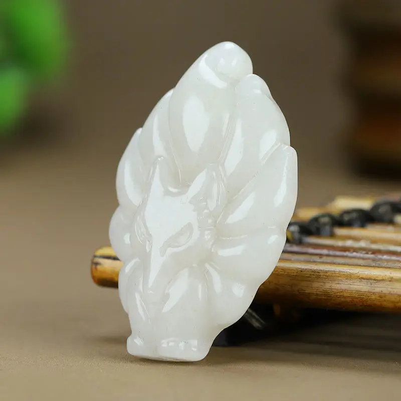 White Nine-Tailed Jade Pendant for Men Women Wealth Luck - Image 3