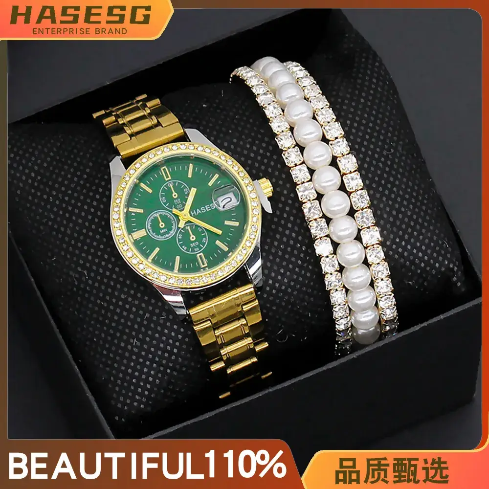 Women's Gold Dial Watch with Pearl & Diamond Bracelet Set - Image 13